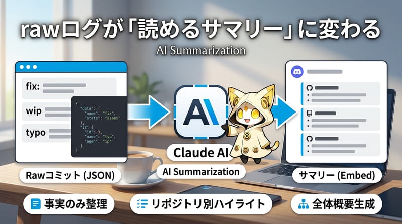 コミットログがAIで整理されてDiscordに届くフロー